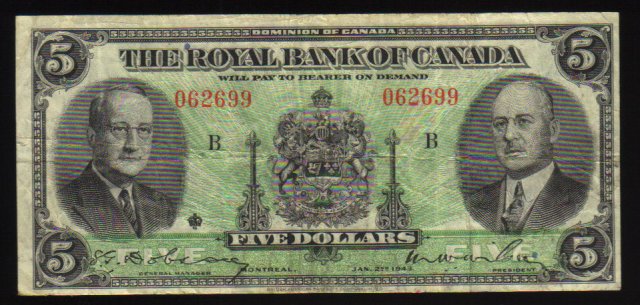 1943 Royal Bank of Canada $5 Very Fine