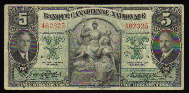 1935 banque canadienne national $5 vf