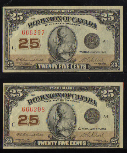 1923 CONSECUTIVE 25cents shinplster DOMINION OF CANADA EF/AU