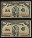 1923 CONSECUTIVE 25cents shinplster DOMINION OF CANADA EF/AU
