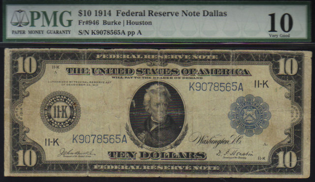 USA $1914 $10 federal reserve note PMG vg10