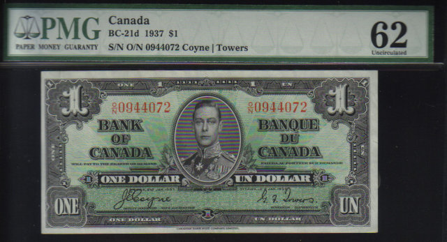 1937 $1 BANK OF CANADA PMG 62 UNCIRCULATED