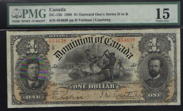 1898 $1DOMINION OF CANADA PMG 15 ones outward F/VF