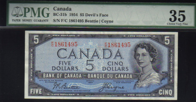 1954 $5 BANK OF CANADA DEVIL FACE PAPERMONEY PMG 35