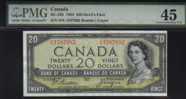 1954 $20 BANK OF CANADA DEVIL FACE PAPERMONEY PMG 45