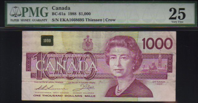 1988 $1000 BANK OF CANADA scarce papermoney PMG25