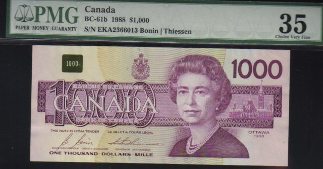 1988 $1000 BANK OF CANADA scarce papermoney PMG35