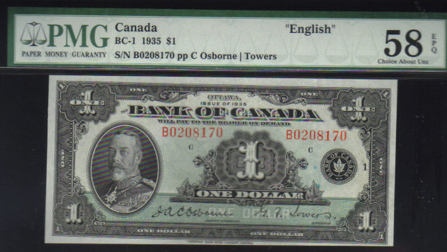 1935 $1 BANK OF CANADA BC-1 PMG 58 B series
