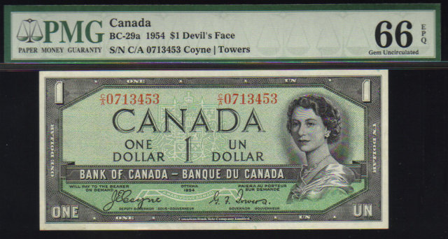 DEVILS FACE $1 BANK OF CANADA 1954 PMG 66 gem unc