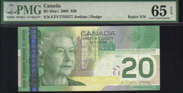 2 digit RADAR 7755577 $20 BANK OF CANADA 2005 PMG 65