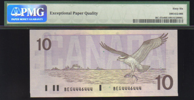 2 digit RADAR 4446444 $10 BANK OF CANADA 1989 PMG 66