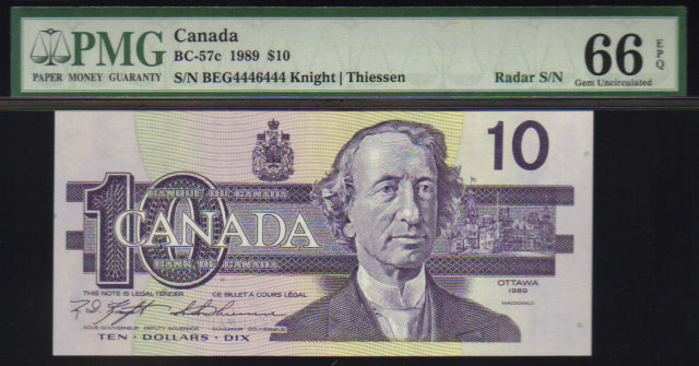 2 digit RADAR 4446444 $10 BANK OF CANADA 1989 PMG 66