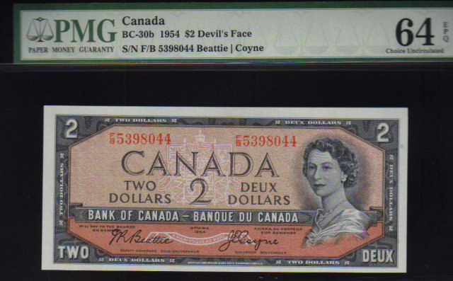 DEVILS FACE $2 BANK OF CANADA 1954 PMG 64 unc