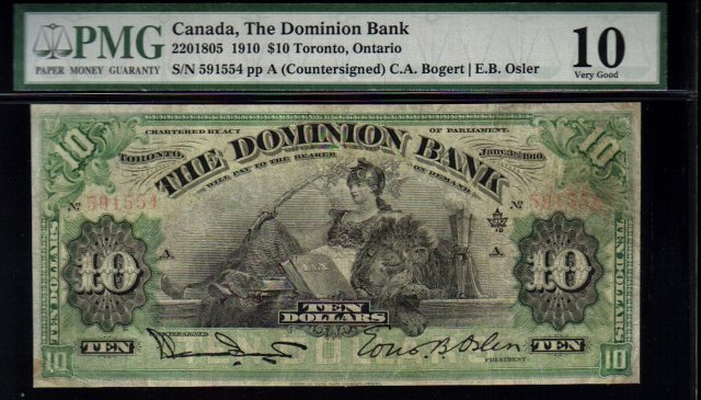 1910 $10 Dominion Bank LION and BEAVER bogert/osler