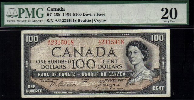 DEVILS FACE $100 BANK OF CANADA 1954 PMG 20