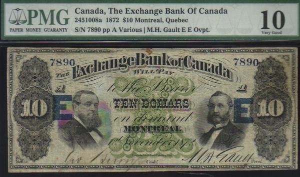 1872 $10 EXCHANGE BANK OF CANADA very scarce