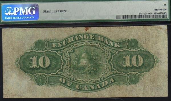 1872 $10 EXCHANGE BANK OF CANADA very scarce