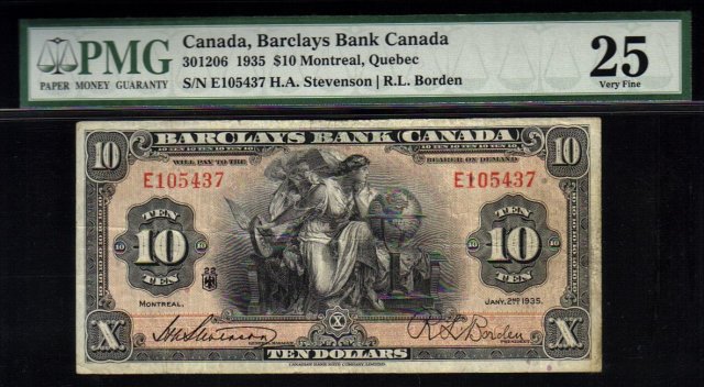 1935 $10 BARCLAYS BANK OF CANADA PMG 25