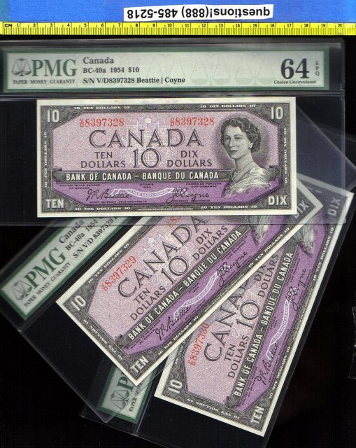 1954 BC-40a 3 consecutive UNCIRCULATED $10 bank of canada PMG 65