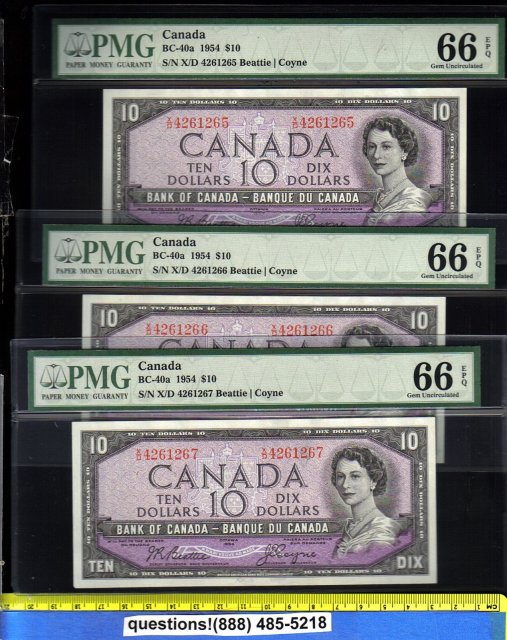 PMG 66 1954 BC-40a 3 consecutive UNCIRCULATED $10 bank of canada