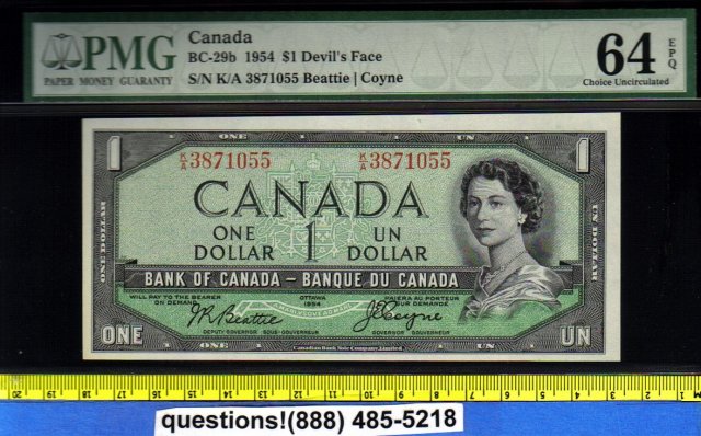 PMG 66 EPQ devils face $1 BANK OF CANADA 1954 BC-29b
