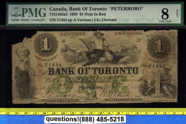 1859 $1 BANK OF TORONTO scarce PETERBORO overprint PMG certified