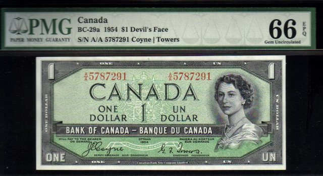 1954 $1 BANK OF CANADA ONE DOLLAR DEVIL'S FACE PMG 66