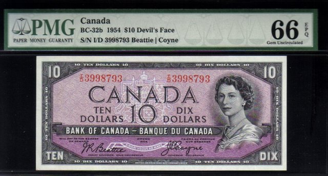 1954 $10 BANK OF CANADA ONE DOLLAR DEVIL'S FACE PMG 66