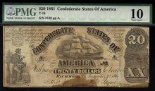 1861 $20 CONFEDERATE STATES OF AMERICA T-18 PMG 10