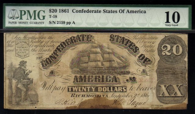1861 $20 CONFEDERATE STATES OF AMERICA T-18 PMG 10
