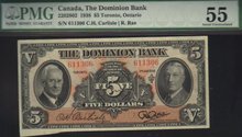 1938 $5 THE DOMINION BANK PMG 55 amazing