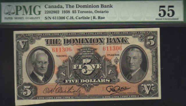 1938 $5 THE DOMINION BANK PMG 55 amazing