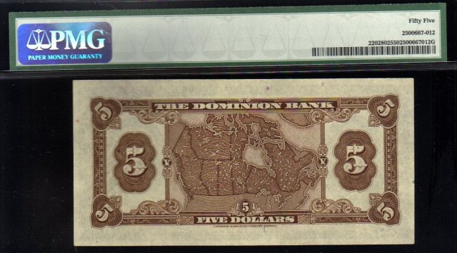 1938 $5 THE DOMINION BANK PMG 55 amazing