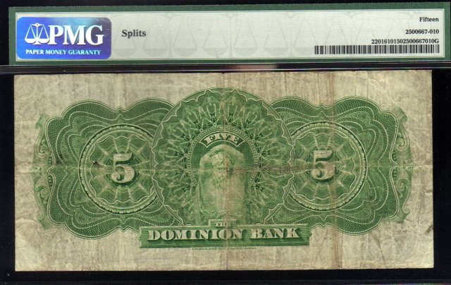 1905 $5 THE DOMINION BANK PMG 15 Whoa! amazing
