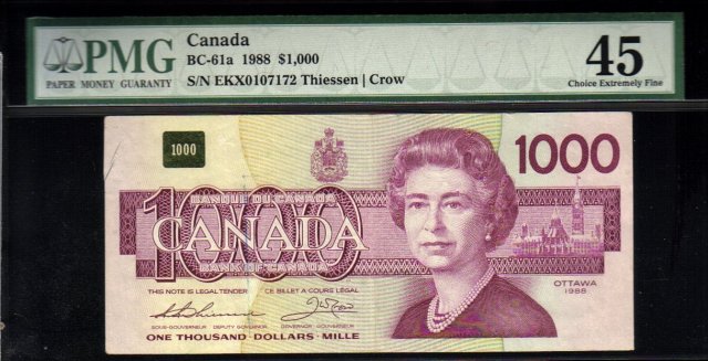 1988 $1000 BANK OF CANADA BC-61aA EKX replacement BANKNOTE
