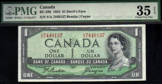 1954 $1 BANK OF CANADA BC-29b PMG35 devils face amazing banknote!