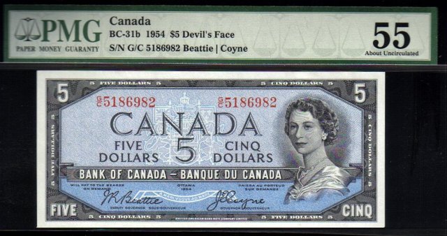1954 $5 BANK OF CANADA BC-31b PMG55 devils face