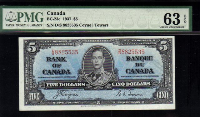 1937 $5 BANK OF CANADA BC-23c PMG63
