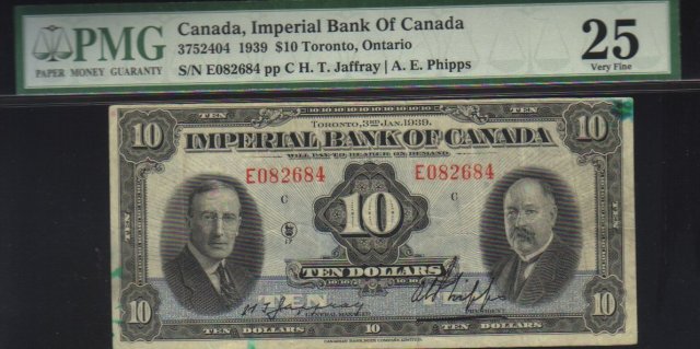 1939 $10 IMPERIAL BANK OF CANADA PMG25 amazing banknote!