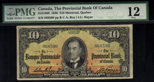 1936 $10 PROVINCIAL BANK OF CANADA PMG 12