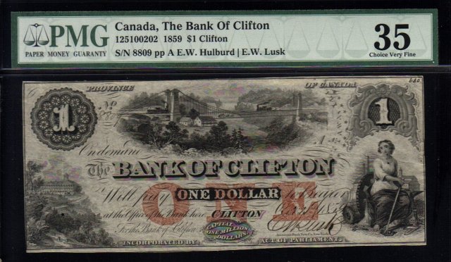 Canada Bank of Clifton 1 Dollar 1859 PMG 35