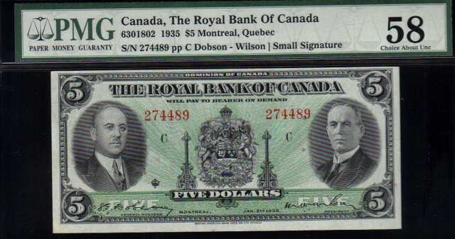 1935 ROYAL BANK OF CANADA $5 PMG 58 AU/UNC