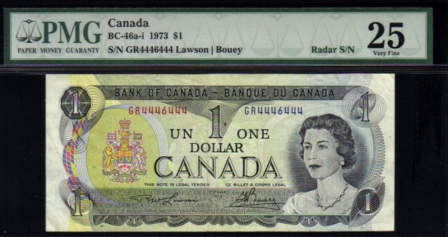 2 digit 1973 $1 BANK OF CANADA $1 radar 4446444