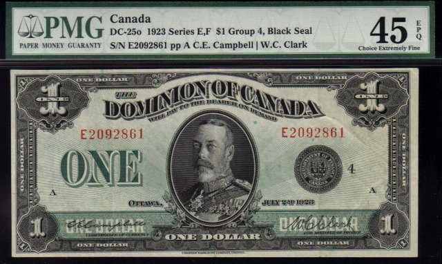 1923 DOMINION OF CANADA 1 DOLLARS (BLACK SEAL GRP 4) PMG 45