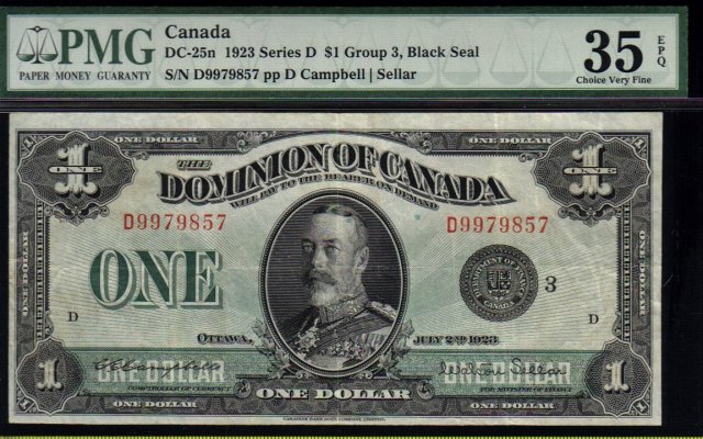 1923 DOMINION OF CANADA 1 DOLLARS (BLACK SEAL GRP 3) PMG 35