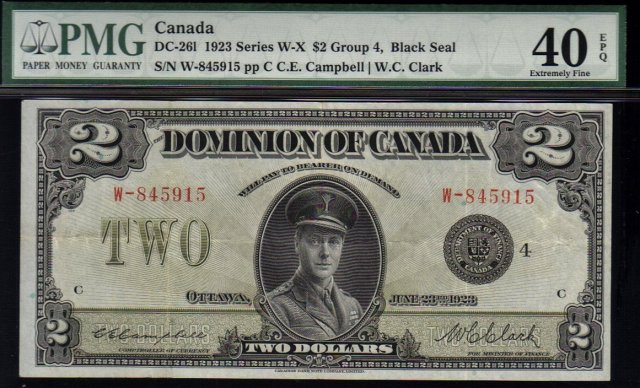1923 DOMINION OF CANADA 2 DOLLARS (BLACK SEAL GRP 4) PMG 40