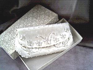 Purse/Evening/Beaded/Clutch/Satinlike Cream Colored/In Original Box/Hand Made in HongKong