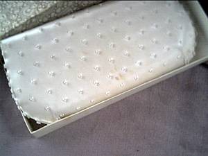 Purse/Evening/Beaded/Clutch/Satinlike Cream Colored/In Original Box/Hand Made in HongKong