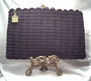 Purse/Black Crocheted Clutch W/Plastic Dog House Pull