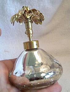 Perfume Bottle/Holm Spray/Silver Foil Fused Glass/Pump W/Goldtone Floral Top